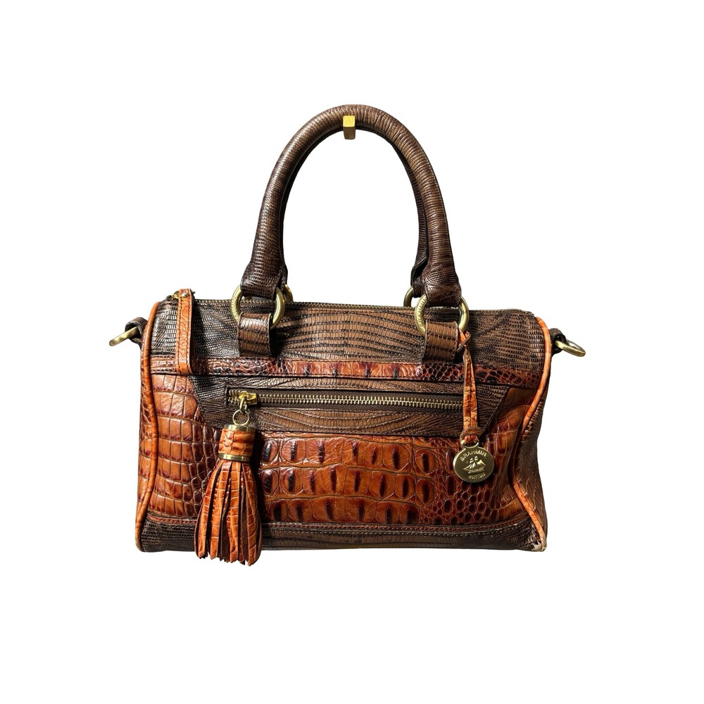 Vintage Brahmin Brown Embossed Leather Satchel Handbag Medium Tassel Crossbody
